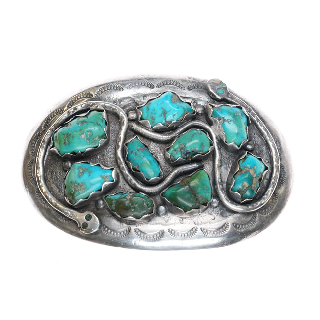 Large/Heavy Effie Calavaza Zuni Sterling silver Snake turquoise belt buckle - Estate Fresh Austin