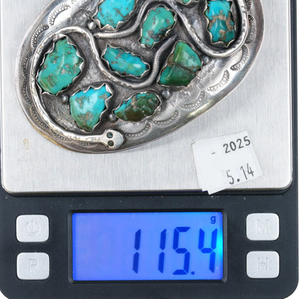 Large/Heavy Effie Calavaza Zuni Sterling silver Snake turquoise belt buckle - Estate Fresh Austin