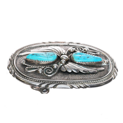 P Vintage Navajo sterling silver belt buckle with two turquoise stones - Estate Fresh Austin
