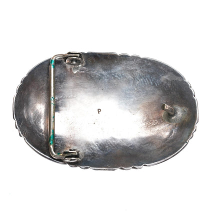 P Vintage Navajo sterling silver belt buckle with two turquoise stones - Estate Fresh Austin