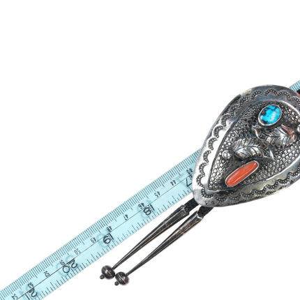 c1960 c-31 Navajo sterling silver, turquoise, and coral bolo tie lg - Estate Fresh Austin