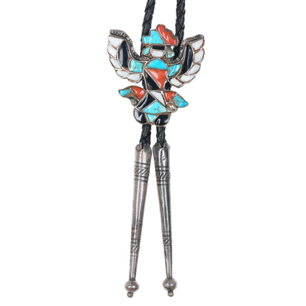 c1950 Zuni Stone inlaid sterling silver Knifewing bolo tie turquoise/coral - Estate Fresh Austin