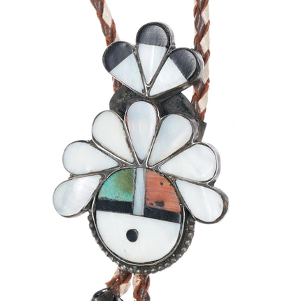 c1950 Zuni Stone/shell inlaid sterling silver sunface bolo tie turquoise - Estate Fresh Austin