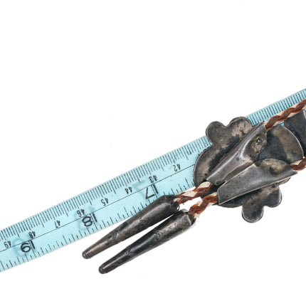 c1950 Zuni Stone/shell inlaid sterling silver sunface bolo tie turquoise - Estate Fresh Austin