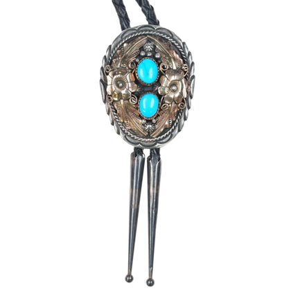 1980's MT, RRB Navajo sterling silver gold filled turquoise bolo tie vintage - Estate Fresh Austin