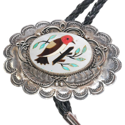 c1970 Large Vintage Hand Stamped sterling silver inlaid shell Bird bolo tie - Estate Fresh Austin