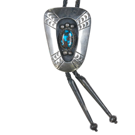 c1960 c-31 High Grade Bisbee turquoise Navajo sterling silver shadowbox bolo tie - Estate Fresh Austin