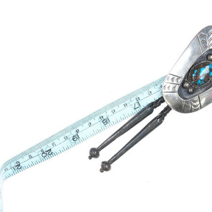 c1960 c-31 High Grade Bisbee turquoise Navajo sterling silver shadowbox bolo tie - Estate Fresh Austin