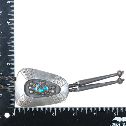 c1960 c-31 High Grade Bisbee turquoise Navajo sterling silver shadowbox bolo tie - Estate Fresh Austin