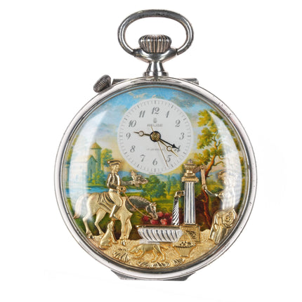 1980's Reuge Swiss sterling silver automaton music box pocket watch horse - Estate Fresh Austin