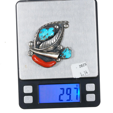 1970's Eustace Cochiti Pueblo Sterling silver carved turquoise coral pendant/pin - Estate Fresh Austin