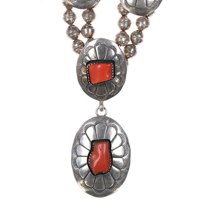 c1970's Navajo sterling silver Mediterranean Coral necklace shadowbox conchos - Estate Fresh Austin