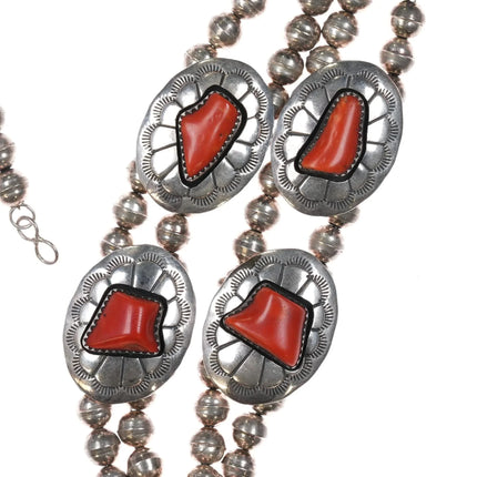c1970's Navajo sterling silver Mediterranean Coral necklace shadowbox conchos - Estate Fresh Austin
