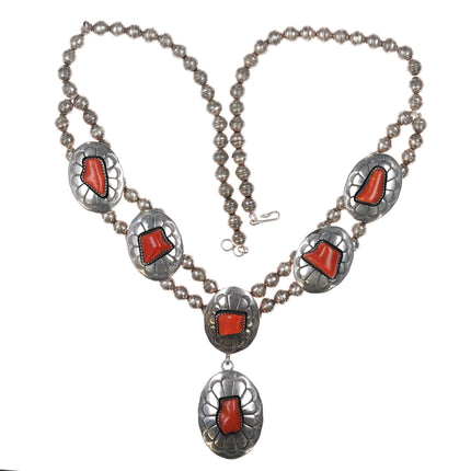 c1970's Navajo sterling silver Mediterranean Coral necklace shadowbox conchos - Estate Fresh Austin