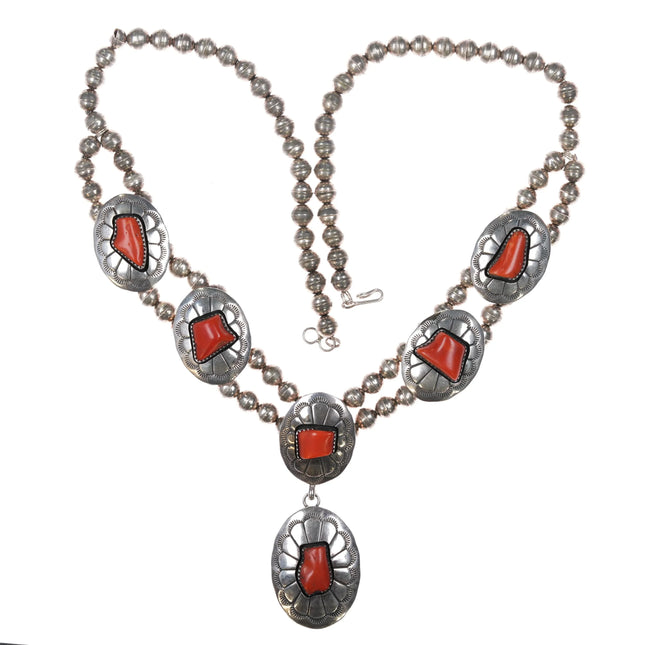 c1970's Navajo sterling silver Mediterranean Coral necklace shadowbox conchos - Estate Fresh Austin
