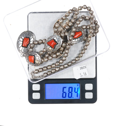 c1970's Navajo sterling silver Mediterranean Coral necklace shadowbox conchos - Estate Fresh Austin