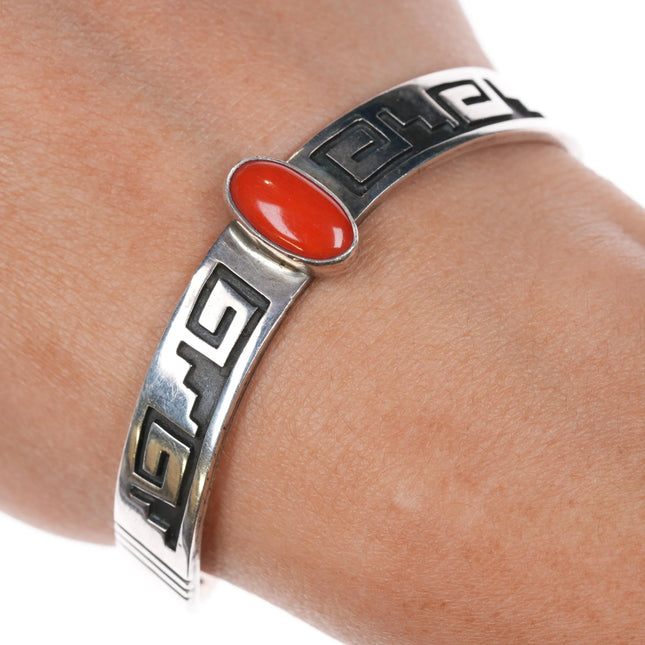 6.25" Everett and Mary Teller Navajo Overlay Coral Sterling silver cuff bracelet - Estate Fresh Austin