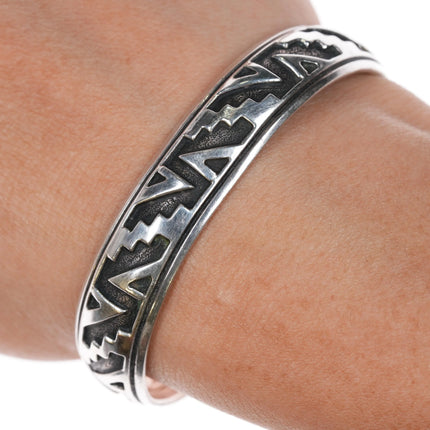 6.1" Tommy Singer Navajo Overlay cuff bracelet geometric pattern sterling silver - Estate Fresh Austin