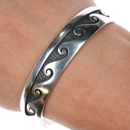 6.5" Stewart Tewawina Hopi Overlay Water waves cuff bracelet sterling silver - Estate Fresh Austin