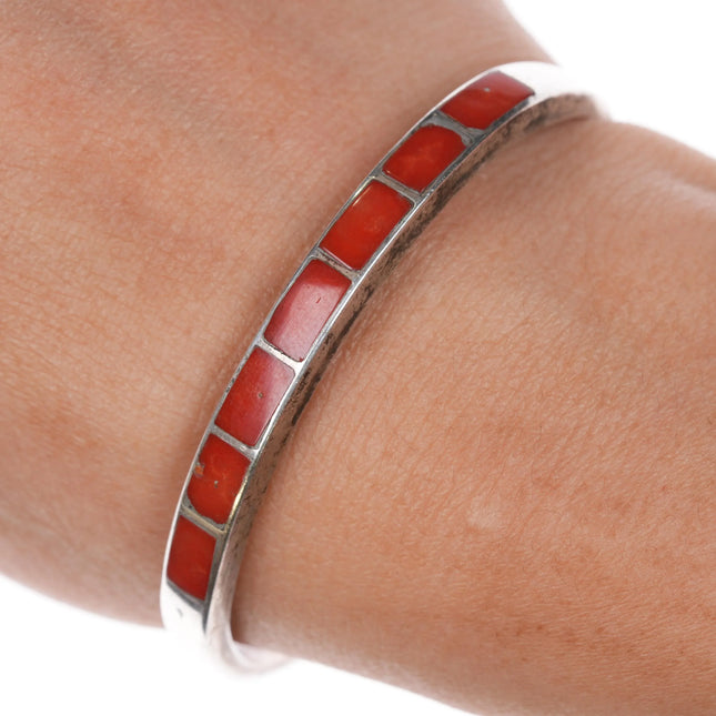 6.25" Vintage Zuni Sterling silver coral channel inlay stacker cuff bracelet - Estate Fresh Austin