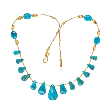 585 14k gold Natural turquoise graduated tab beaded necklace - Estate Fresh Austin