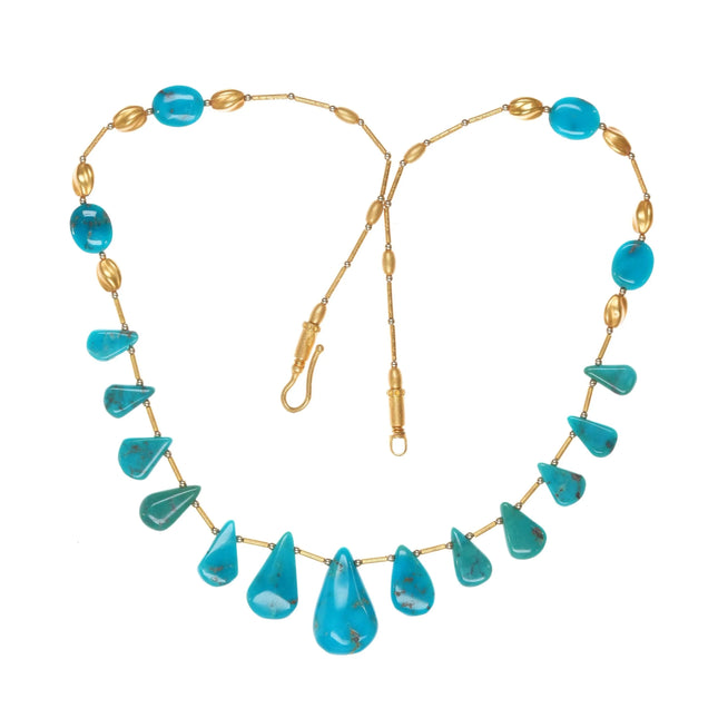 585 14k gold Natural turquoise graduated tab beaded necklace - Estate Fresh Austin