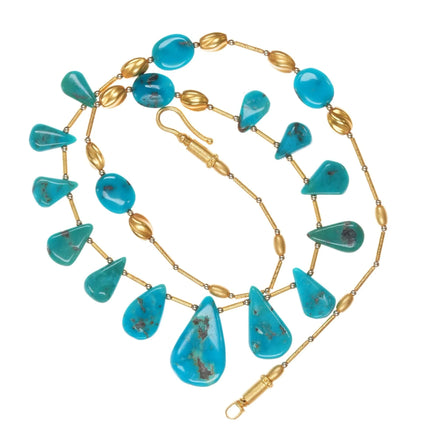 585 14k gold Natural turquoise graduated tab beaded necklace - Estate Fresh Austin