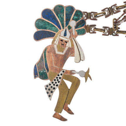 Large Los Castillo Mixed Metals Chrysocolla inlay Aztec Shaman pendant necklace - Estate Fresh Austin
