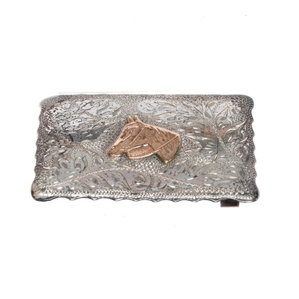 c1950 10k gold/Sterling silver Renalde hand engraved horse western belt buckle - Estate Fresh Austin