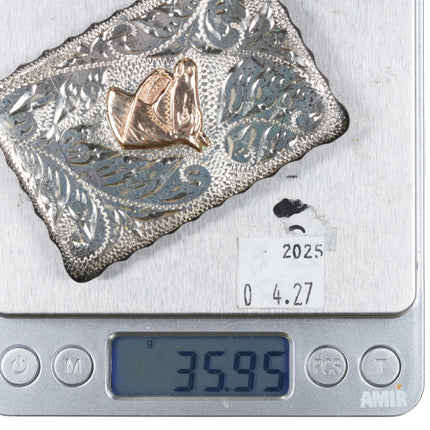 c1950 10k gold/Sterling silver Renalde hand engraved horse western belt buckle - Estate Fresh Austin