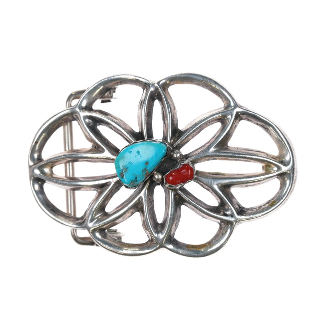 Small AJW Navajo cast sterling silver, turquoise, coral belt buckle - Estate Fresh Austin