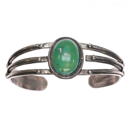 6.35" 1930's Navajo sterling silver 3 shank single stone turquoise cuff bracelet - Estate Fresh Austin
