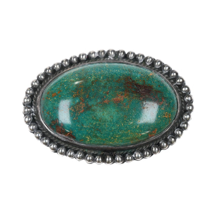 c1950 Navajo Green turquoise pin sterling silver beaded rim - Estate Fresh Austin