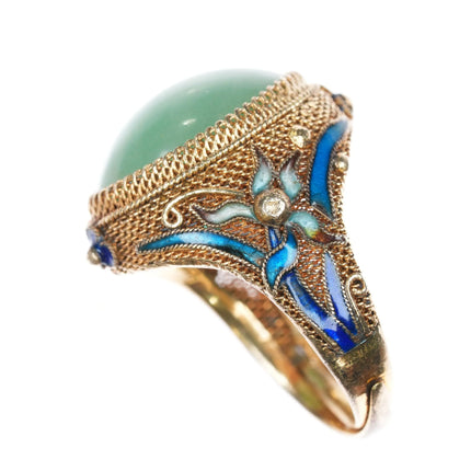 sz7.5 Adjustable c1940's Chinese gilt sterling enamel jade ring - Estate Fresh Austin