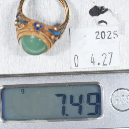sz7.5 Adjustable c1940's Chinese gilt sterling enamel jade ring - Estate Fresh Austin