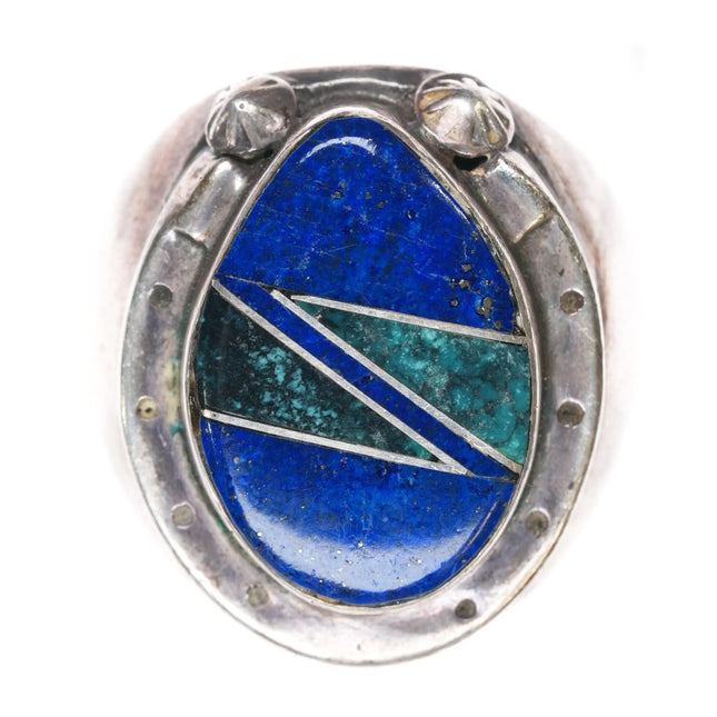 sz11 Vintage Big Navajo sterling horseshoe Lapis/Spiderweb turquoise inlay ring - Estate Fresh Austin