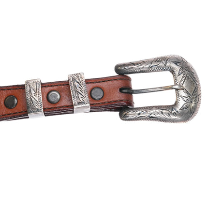 1950's Crockett Vintage Sterling silver ranger buckle set on leather 28" belt - Estate Fresh Austin