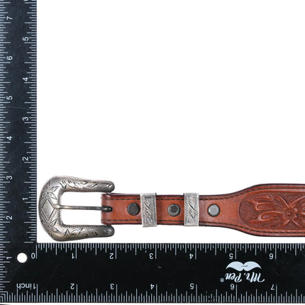 1950's Crockett Vintage Sterling silver ranger buckle set on leather 28" belt - Estate Fresh Austin