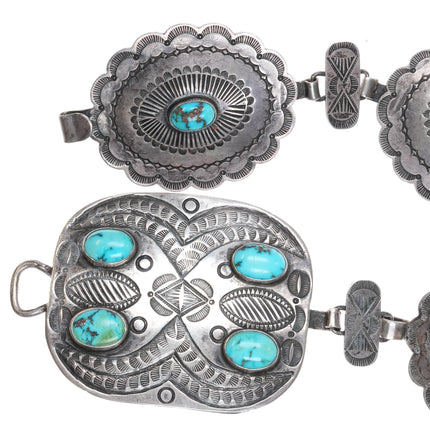 c1940 Navajo link concho belt deep stamped sterling silver high grade turquoise - Estate Fresh Austin