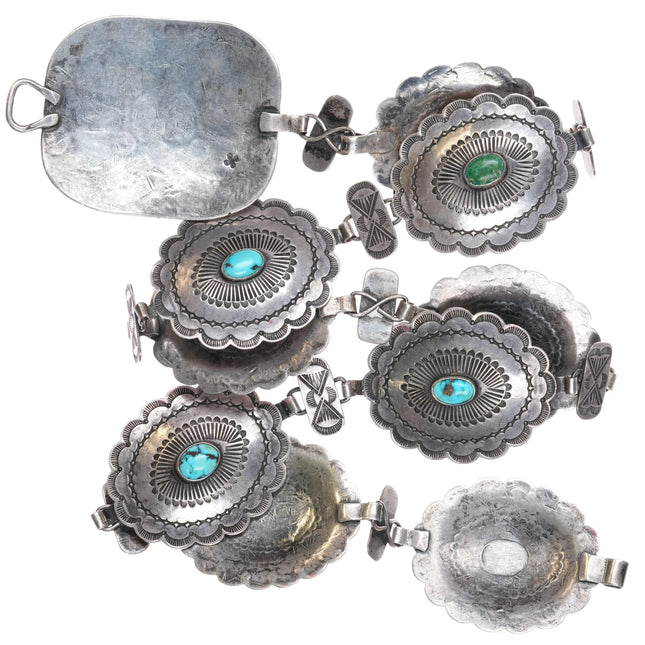 c1940 Navajo link concho belt deep stamped sterling silver high grade turquoise - Estate Fresh Austin