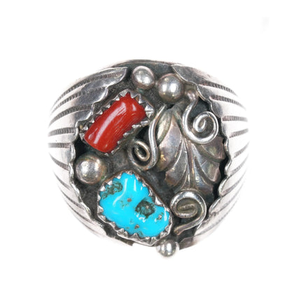 sz9.5 1970's Navajo sterling silver, turquoise, coral ornate feather ring - Estate Fresh Austin