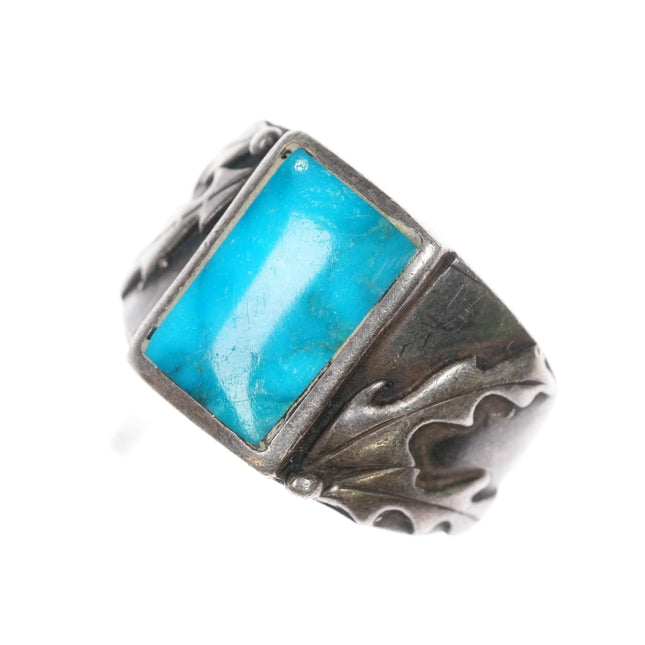 sz7.5 1950's Navajo Blue Gem turquoise sterling silver leaf design ring - Estate Fresh Austin