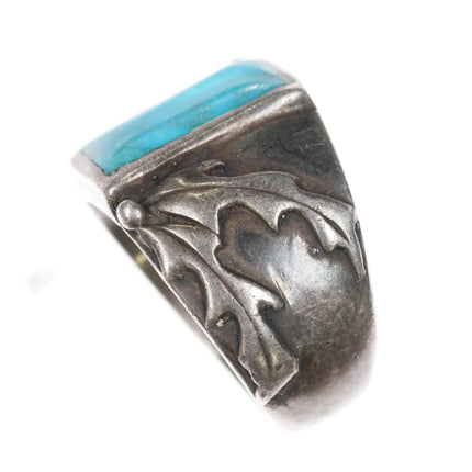 sz7.5 1950's Navajo Blue Gem turquoise sterling silver leaf design ring - Estate Fresh Austin
