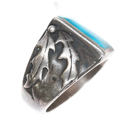 sz7.5 1950's Navajo Blue Gem turquoise sterling silver leaf design ring - Estate Fresh Austin