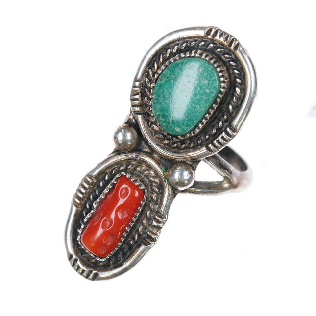 sz6.5 1970's Navajo sterling silver double stone turquoise and coral ring - Estate Fresh Austin