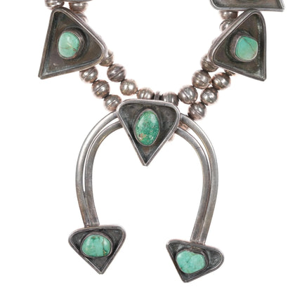 c1970 Navajo sterling silver modernist green turquoise squash blossom necklace - Estate Fresh Austin