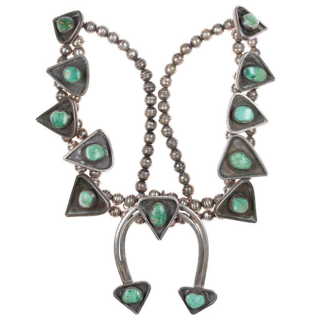c1970 Navajo sterling silver modernist green turquoise squash blossom necklace - Estate Fresh Austin
