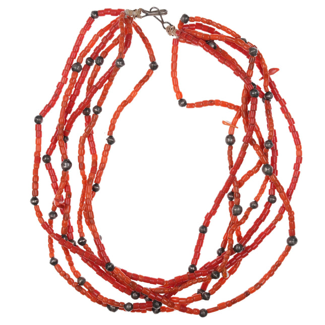 7 Strand Vintage Santo Domingo red coral necklace w/sterling silver beads - Estate Fresh Austin
