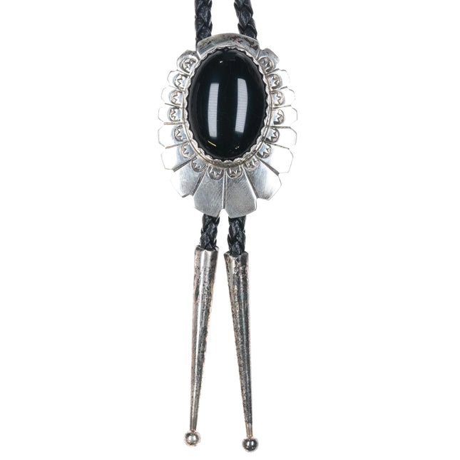 Vintage 1980's Navajo sterling silver Onyx bolo tie with stamped design - Estate Fresh Austin