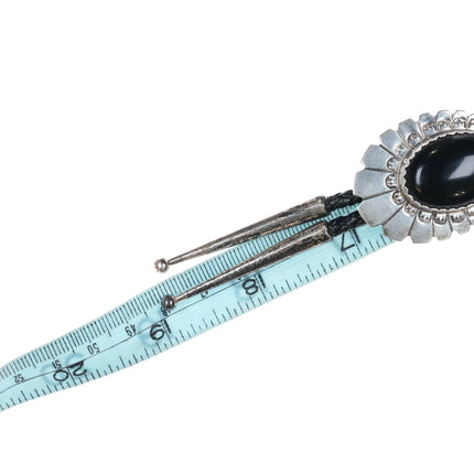 Vintage 1980's Navajo sterling silver Onyx bolo tie with stamped design - Estate Fresh Austin